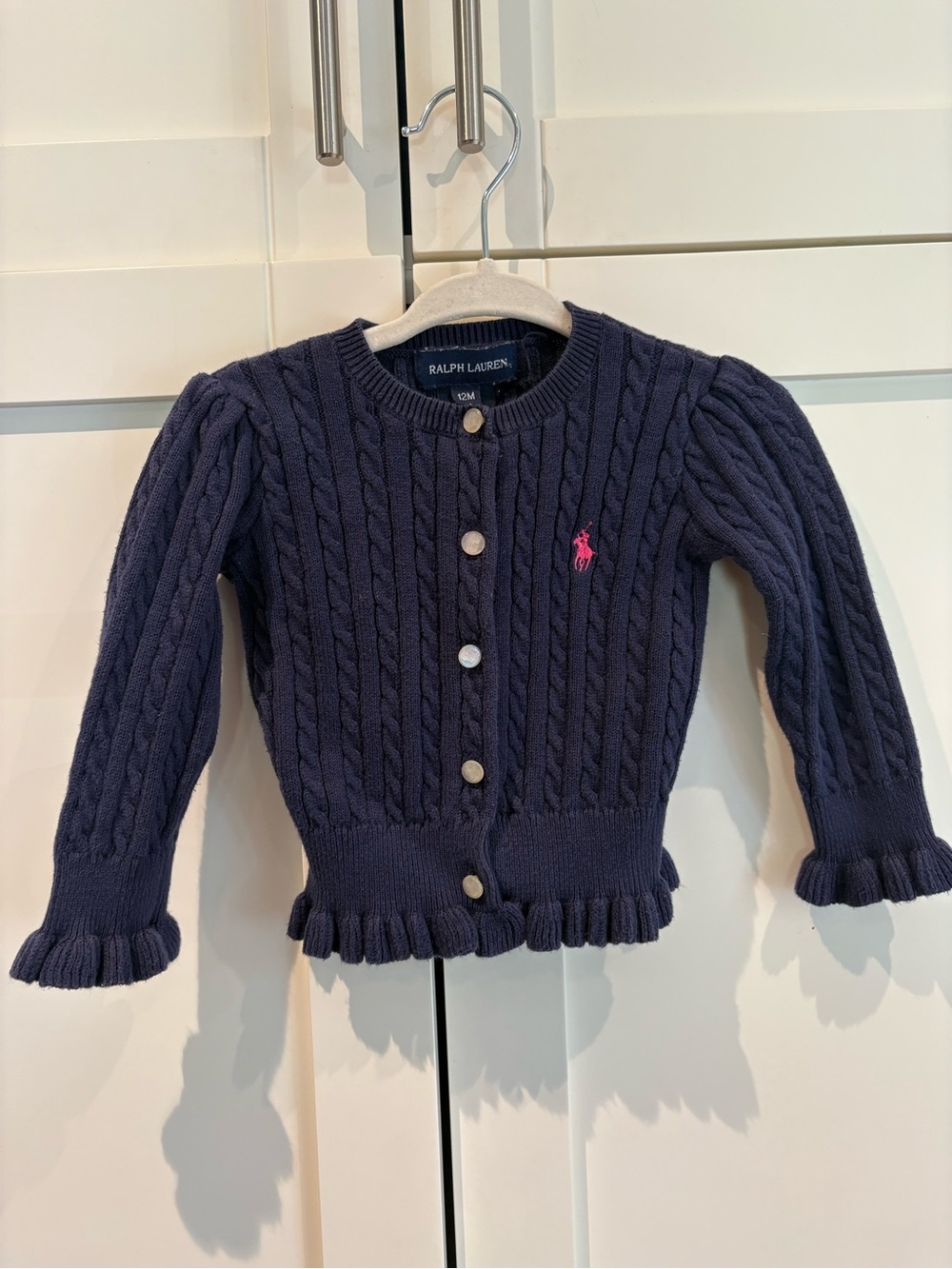 Ralph Lauren Navy Cable-Knit Baby Girls' Size 12 Month Cardigan with Pink Pony